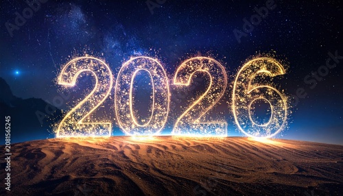 Sparkling 2026 New Year Celebration on a Sandy Dune.