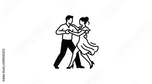 A minimalist black and white line art illustration of a couple dancing together.