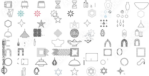 Islamic and Ornamental Design 4 vector icon set with 71 elegant symbols in one EPS: lanterns, stars, vases, hexagon arabesques, manuscripts, beads, hourglass, banners, mosque decor motifs