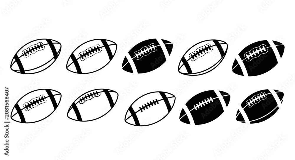 Fototapeta premium Collection of ten diverse American football ball icons showcasing both solid black and outlined vector silhouettes for sports branding and design projects