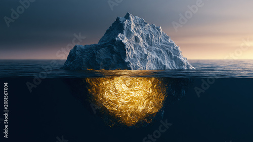 Visible iceberg and its hidden, golden, immense mass underwater represent risk