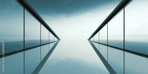 Abstract architectural space with reflective floor and panoramic windows
