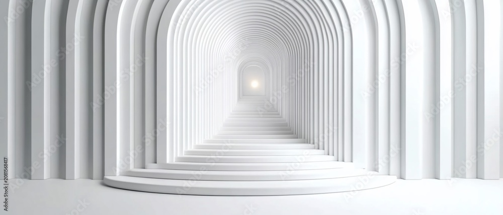 Obraz premium A white archway corridor with a light at the end