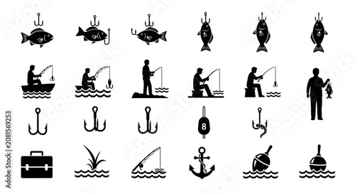 Konstfotografi Fishing icons, black silhouette symbols, fishing tools, 25 vector graphics