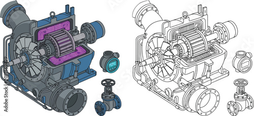 Bild auf Leinwand Cross-section of a turbocharger with internal components and industrial valves i
