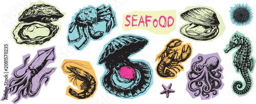 Tableau sur toile Set of hand-drawn seafood clipart featuring marine animals shellfish and crustac