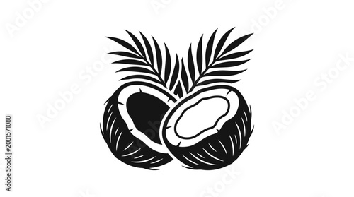 Black and white vector illustration of two cracked coconut halves with palm leaves.