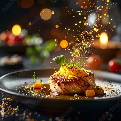 A culinary dish with a piece of meat and vegetables on a plate