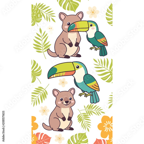 Cute Quokka and Toucan with Tropical Leaves