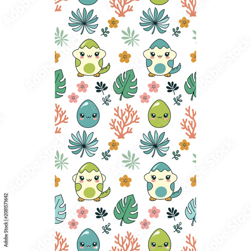 Cute Kawaii Dinosaur Eggs and Tropical Leaves Pattern