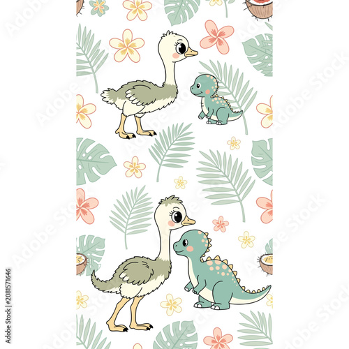 Cute Ostrich and Dinosaur Cartoon Characters