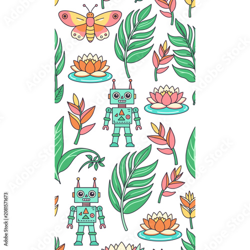 Cute Robots and Tropical Plants Pattern