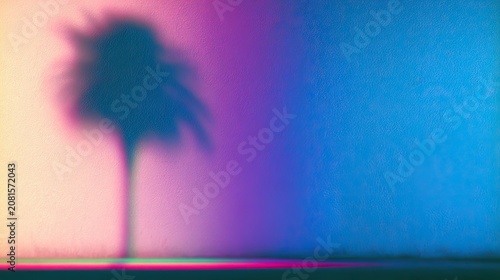 Blurred palm tree silhouette against a vibrant, gradient wall