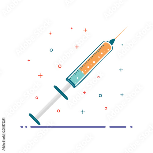 Syringe with orange liquid and blue accents