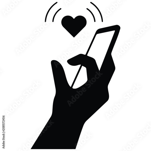 Smartphone in hand with heart and signal waves, social media love and connection concept vector silhouette.