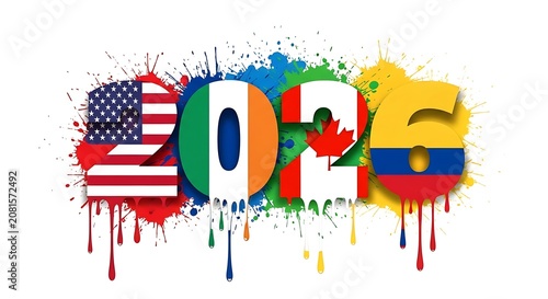 Vibrant 2026 graphic with usa ireland canada and colombia flags
