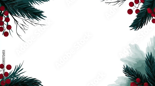 Festive green boughs and red berries frame a blank white space