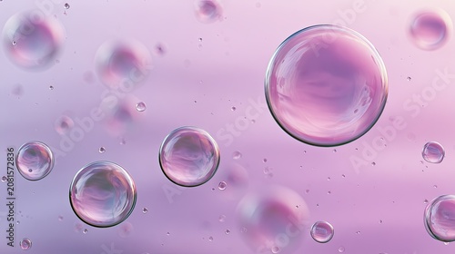Translucent, iridescent spheres float in a soft gradient of pink and purple