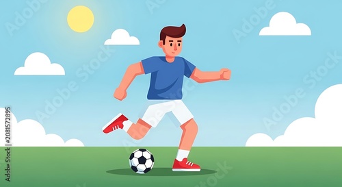Man kicking soccer ball on green field