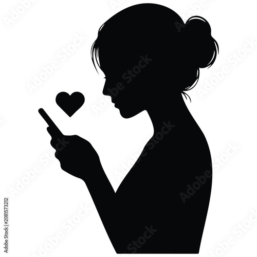 Vector silhouette illustration of woman with phone and heart isolated on white background.