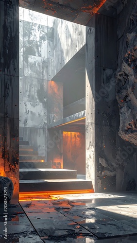 A dimly lit concrete room with a glowing orange doorway