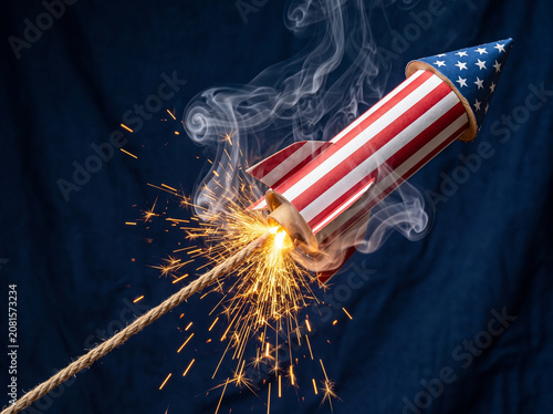 Patriotic 4th of July Rocket Firework with Twine Fuse and Golden Sparks