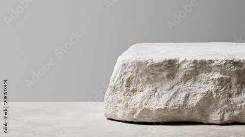 Rough textured natural stone block on a textured surface, against a plain wall