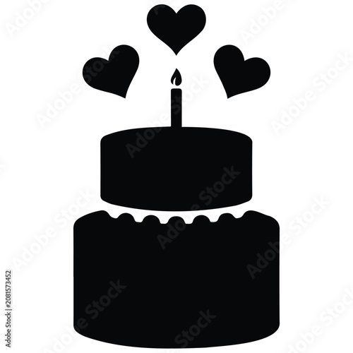 Vector silhouette of two tier cake illustration with candle heart isolated on white.