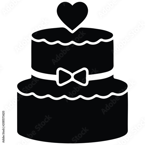 Vector silhouette of two tier cake illustration with heart and bow isolated on white.