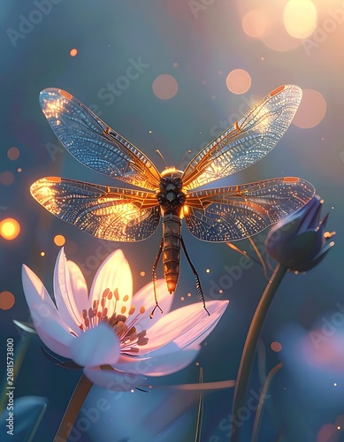 A dragonfly perches on a lotus flower