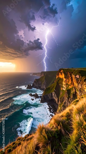 A dramatic coastal cliffside during a thunderstorm with lightning (7)