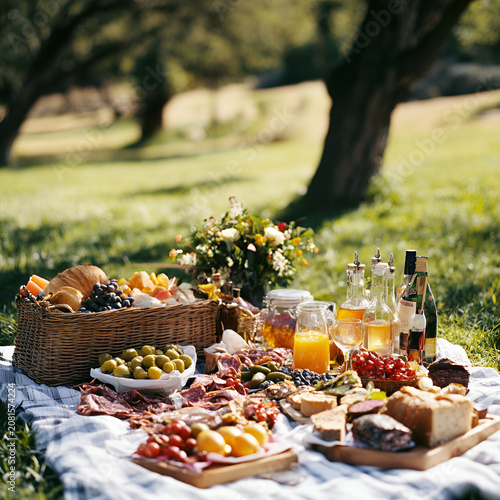 Delicious outdoor picnic spread with fresh fruits cheese and refreshing drinks in a sunlit park setting