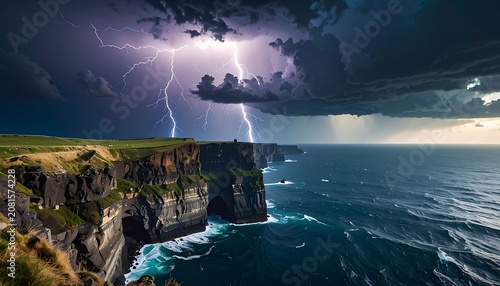 A dramatic stormy seascape with a cliff and lightning (2)