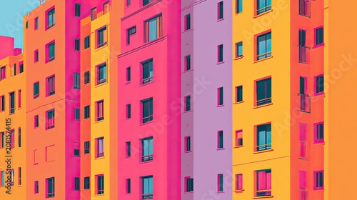 Vibrant, colorful tall buildings with many windows under a clear sky