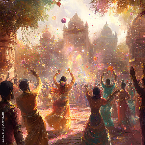 Joyful celebration at a vibrant festival featuring colorful outfits and enthusiastic participants in a historic backdrop