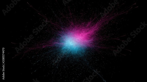 Vibrant, glowing nebula of pink and turquoise particles explodes outwards