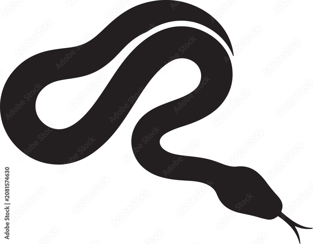 Fototapeta premium Black silhouette of a coiled snake with a forked tongue, minimalist isolated on a plain white background, also transparent background