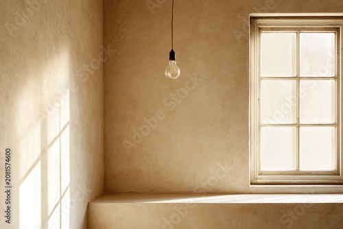 Warm sunlight streams through a window onto a bare, neutral-toned room