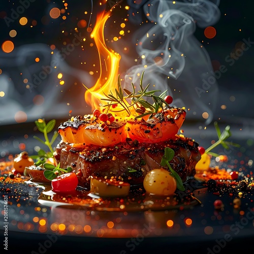 A flaming dish with shrimp and herbs