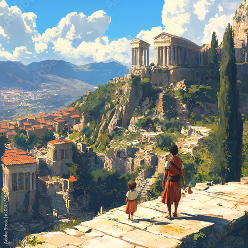 Explorers discover ancient ruins set against a lush valley landscape with breathtaking views