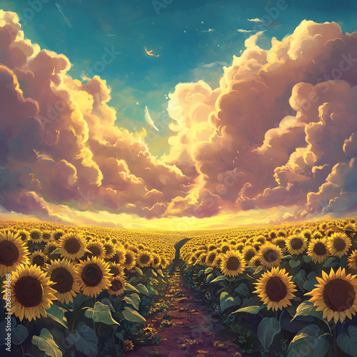 Colorful sunflower field beneath a striking sky filled with fluffy clouds and a meandering path