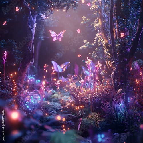 Magical forest landscape filled with vibrant butterflies and blossoming flowers radiating a mystical light