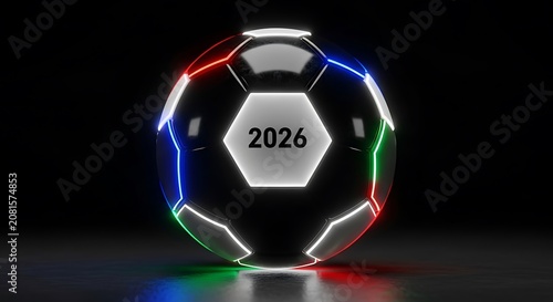 Futuristic soccer ball with 2026 display neon lighting 3d render