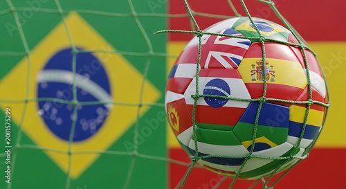 Soccer ball with international flags in goal net global football concept