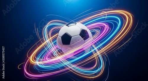 Soccer ball surrounded by vibrant neon light trails on dark background