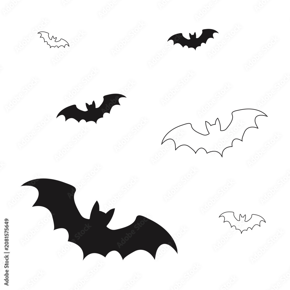 Fototapeta premium Set of six bat silhouettes, three solid black and three outlined, flying in different orientations on white background, spooky Halloween design element.
