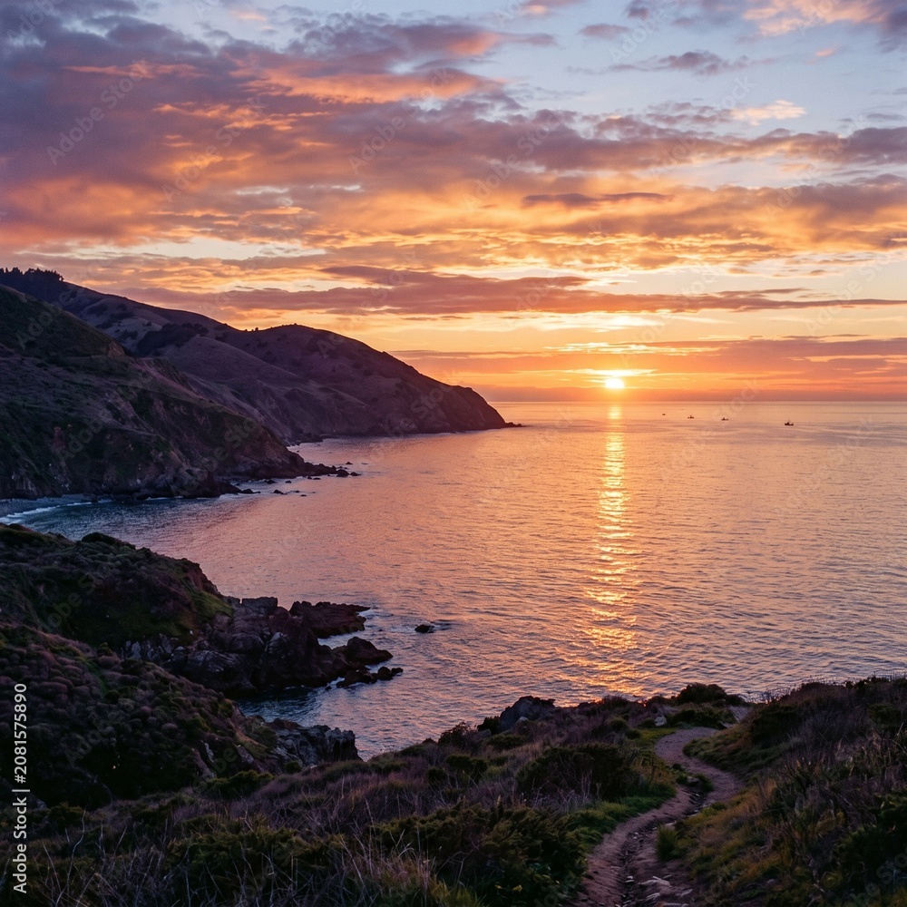 Obraz premium Spectacular Sunset Over a Coastal Landscape with Gentle Waves and a Path Leading Towards the Horizon