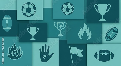 Teal sports icons collage with soccer balls trophies and american footballs