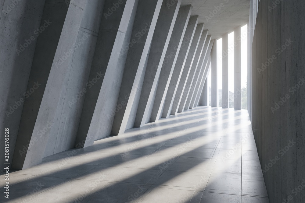 Obraz premium The Concrete Corridor with Light Stripes and Slender Angled Columns