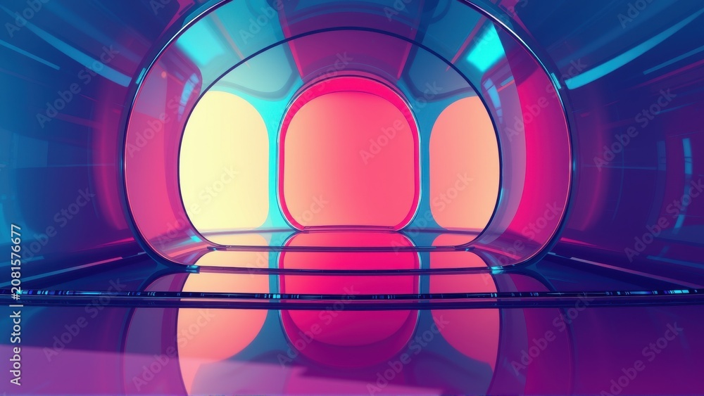 Fototapeta premium Futuristic interior. Vivid neon lights create dramatic tunnel effect. Reflective floor enhances depth, showcasing vibrant pinks, blues, yellows.